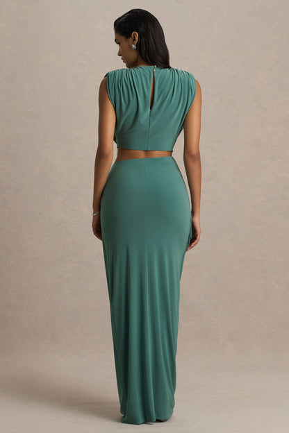 Avaline | Green Wrap Maxi Skirt With Ruched Detailing
