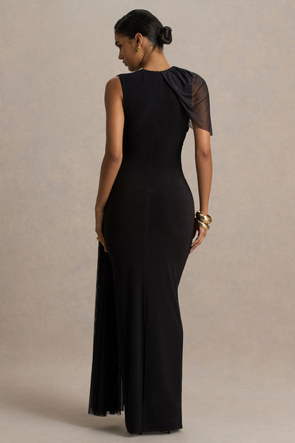 Brenda | Black Crew-Neck Maxi Dress With Mesh Cape And Sash
