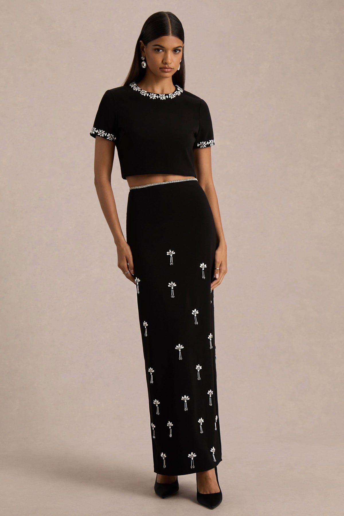 Aven | Black Hand-Embellished Maxi Skirt