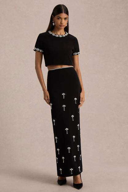 Aven | Black Hand-Embellished Maxi Skirt
