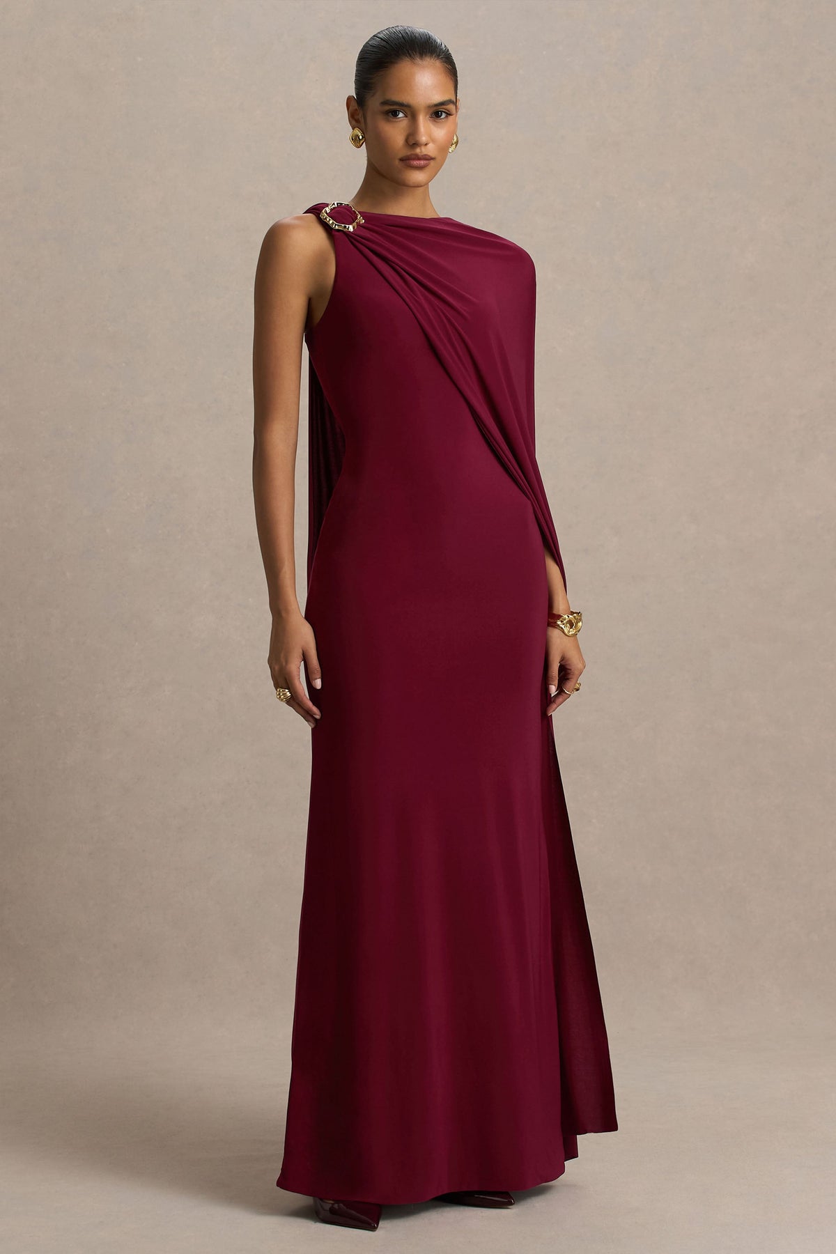 Cressida | Burgundy Asymmetric-Neck Maxi Dress With Cape And Gold Detail