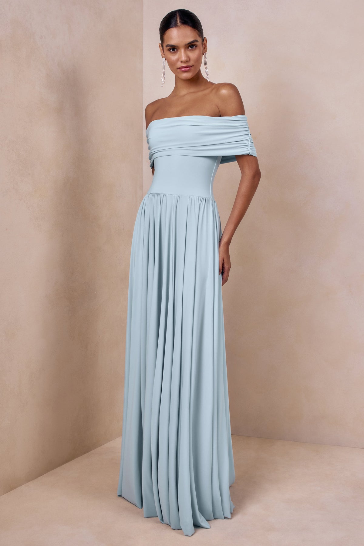 Cindie | Powder Blue Bardot-Neck Maxi Dress