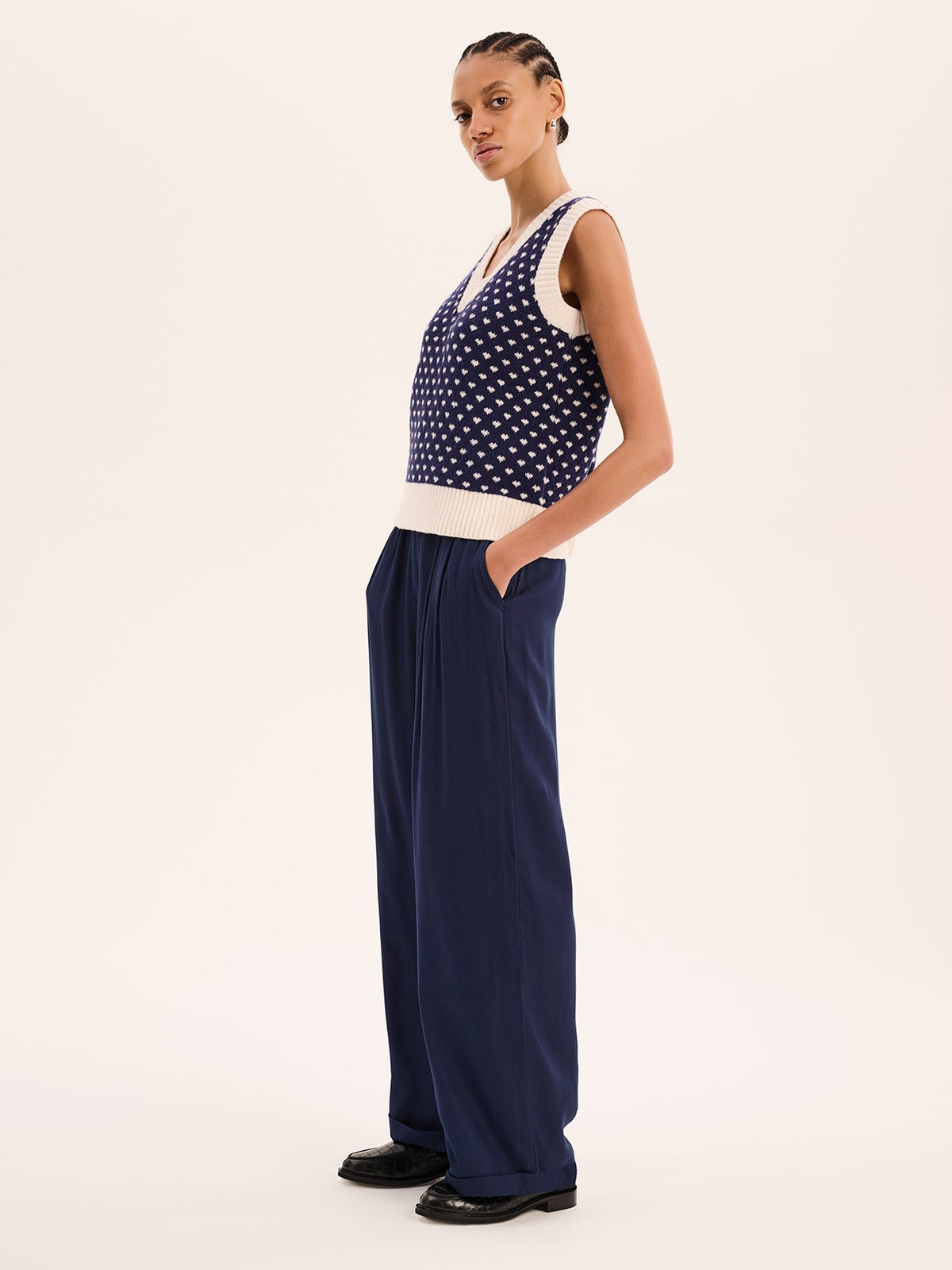 Candy Pleat Front Straight Leg Trouser in Navy