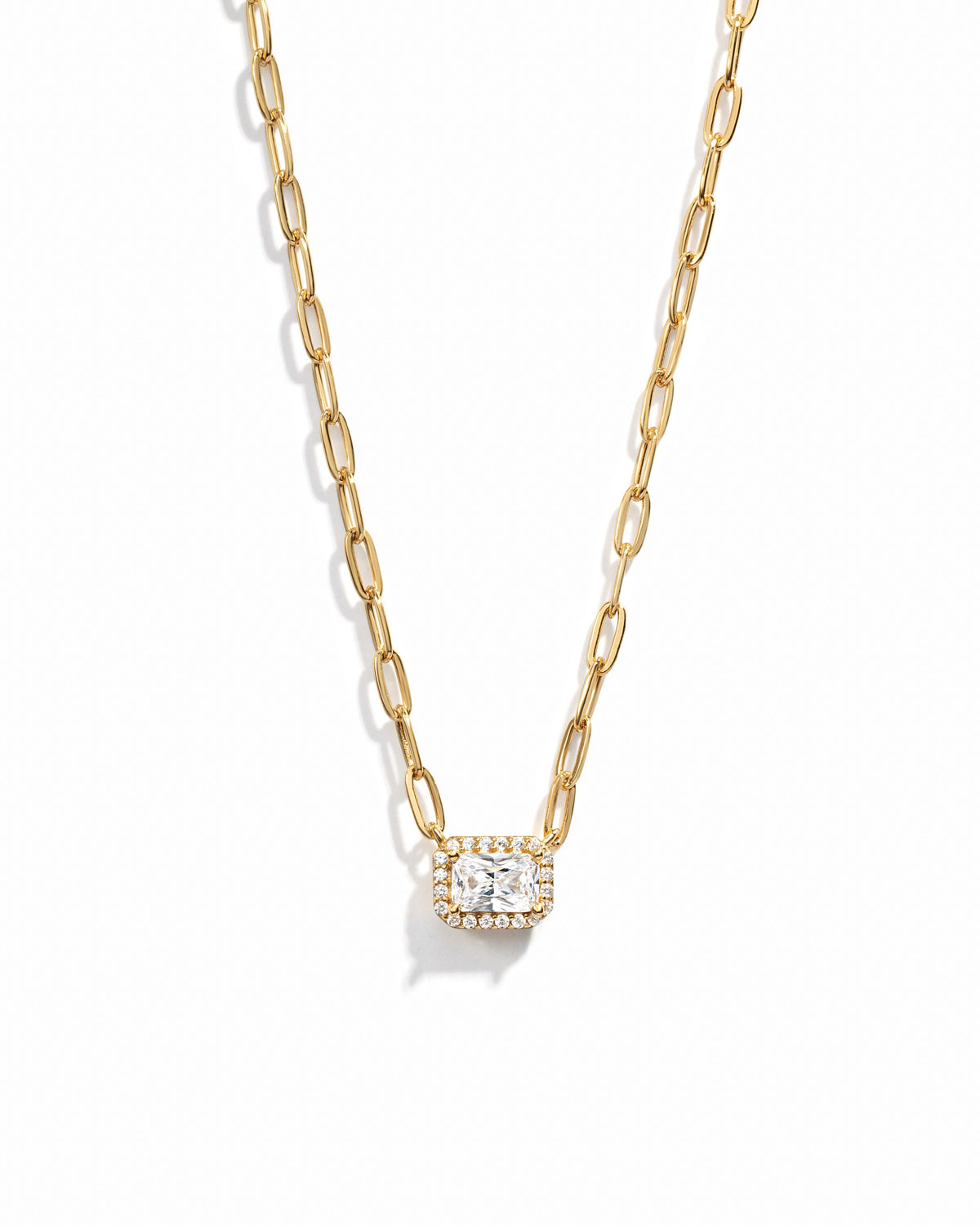 Halo Baguette Necklace w/ Paperclip Chain