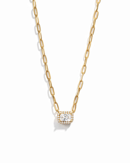 Halo Baguette Necklace w/ Paperclip Chain