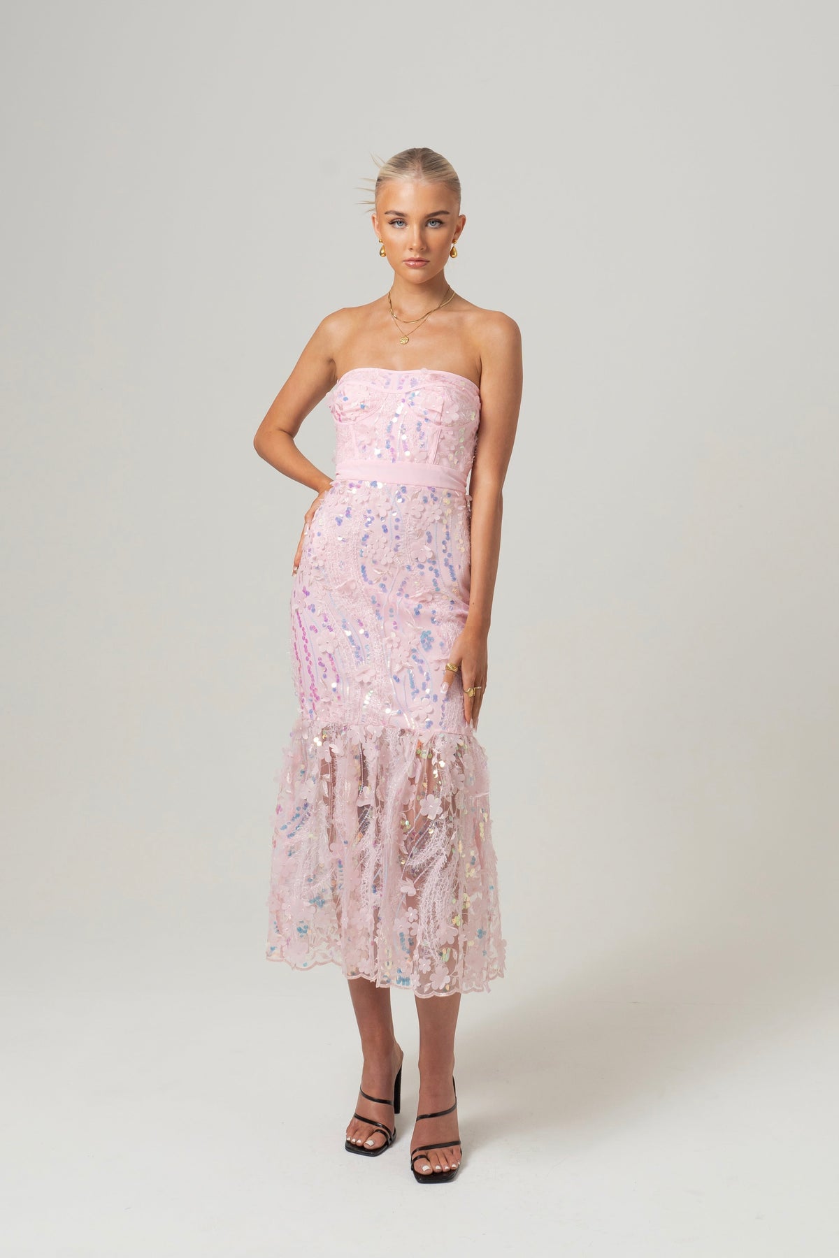 Charlotte Strapless Pink Sequin Midi Dress