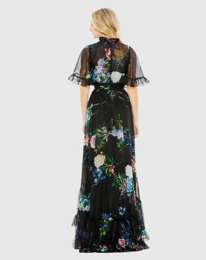 Black Floral Print Ruffled High Neck Flutter Sleeve Gown