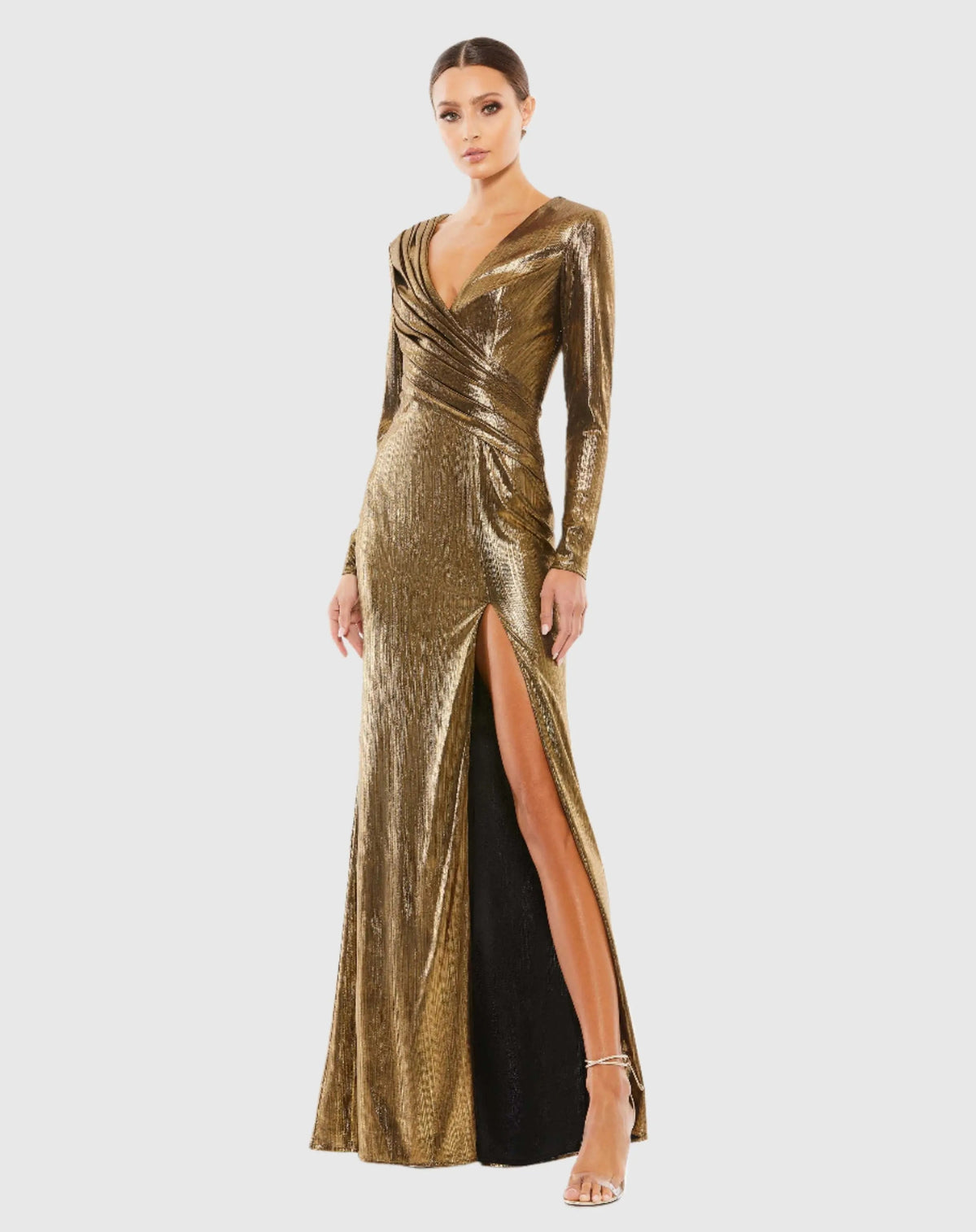 Gold Metallic Long Sleeve Asymmetrical Ruched Gown