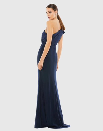 Navy Ruffled One Shoulder Draped Gown