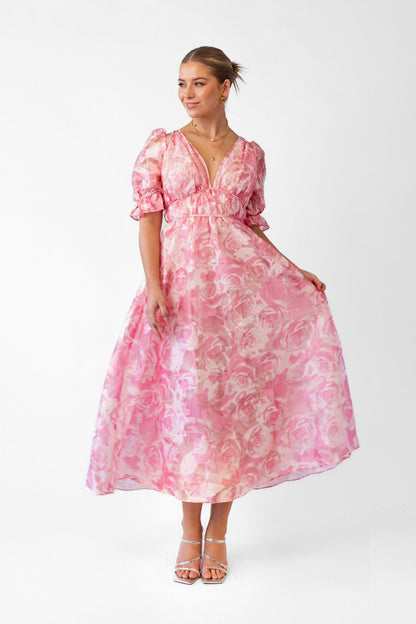 Sammy Pink V-Neck Midi with Puff Sleeves