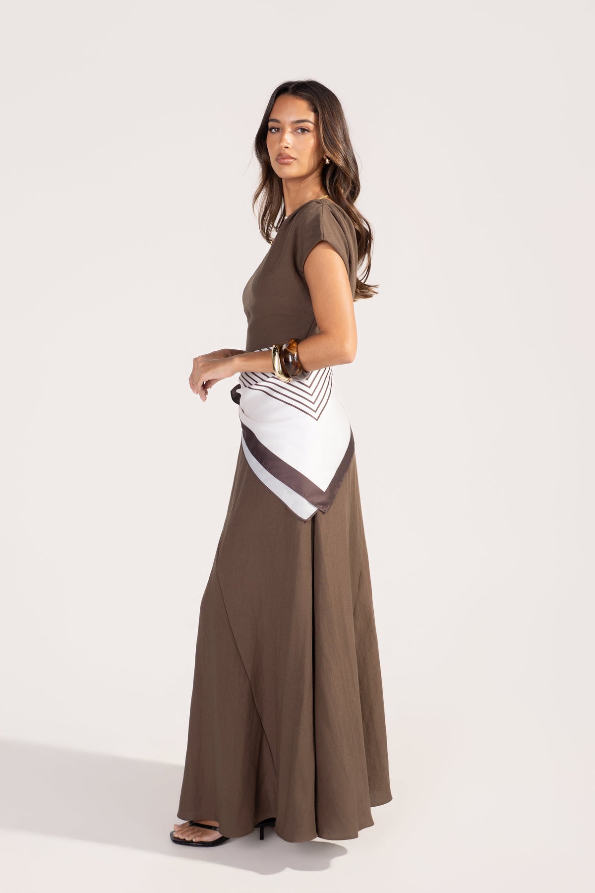 Tonya Chocolate Drop Shoulder Maxi with Waist Scarf
