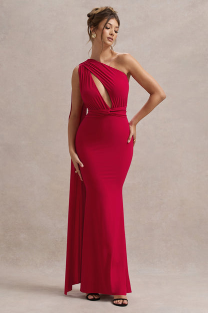 Elaina | Red Asymmetric Knot Maxi Dress With Sash