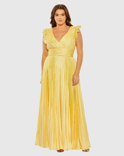 Flutter Sleeve Pleated V-Neck Gown (Plus)