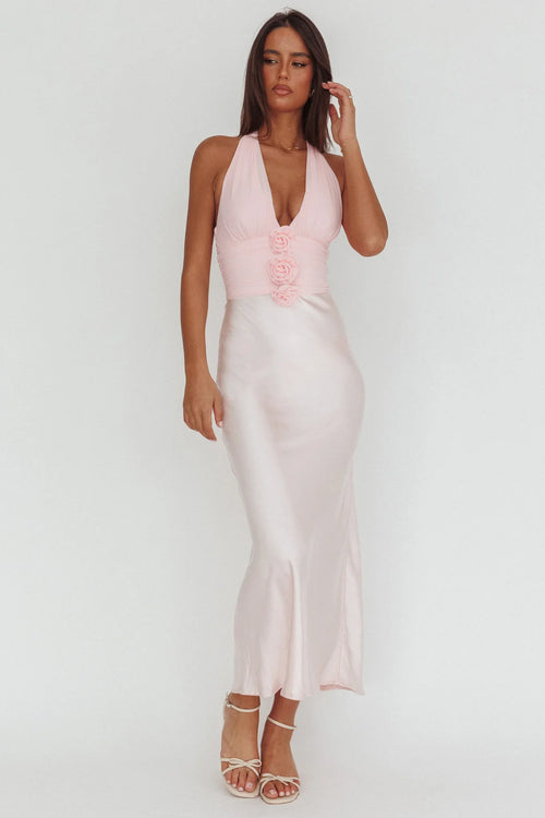 Heliora Halterneck Rosette Bust Maxi Dress Pink