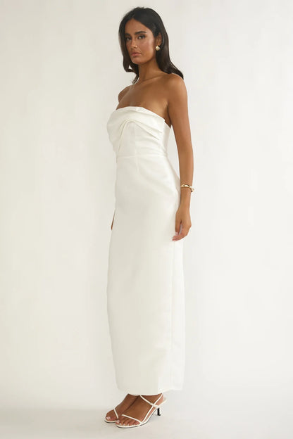 Fleur Sky Strapless Pleat Bust Maxi Dress White