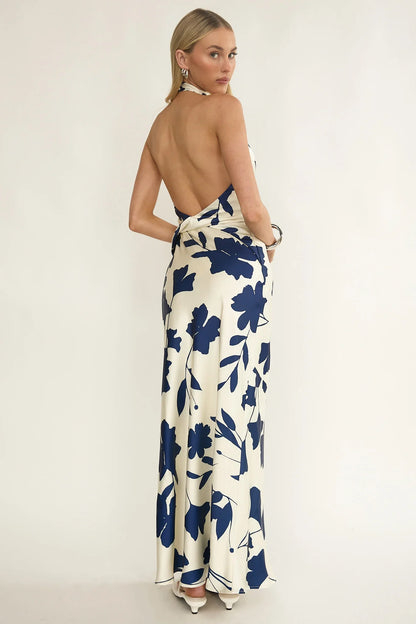 Elowis Cowl Halterneck Maxi Dress Floral Beige