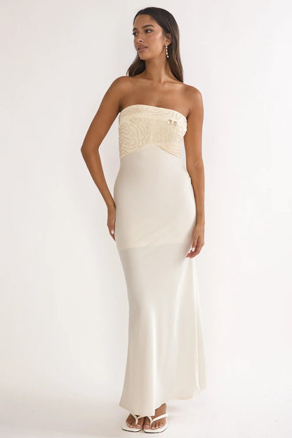 At Dusk Beaded Bust Strapless Maxi Dress Oyster