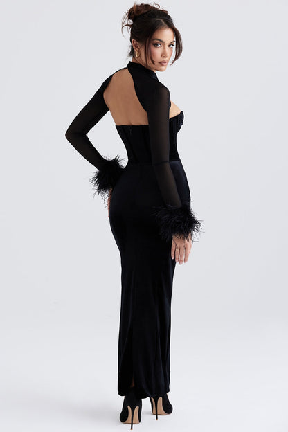 black velvet corset maxi dress