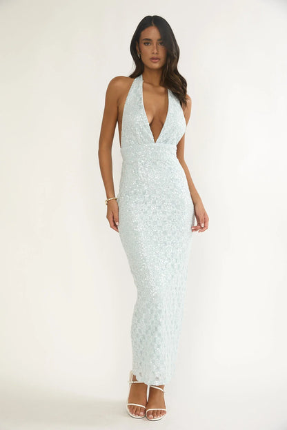 Cipriana Backless Halter Maxi Dress Sequin Blue