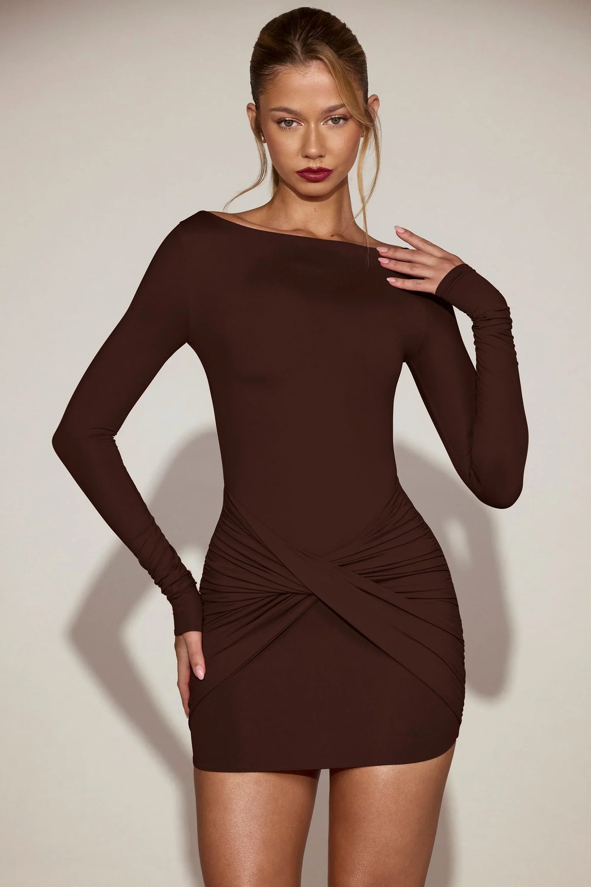 Soft-Jersey Boat-Neck Draped Mini Dress in Chocolate Brown