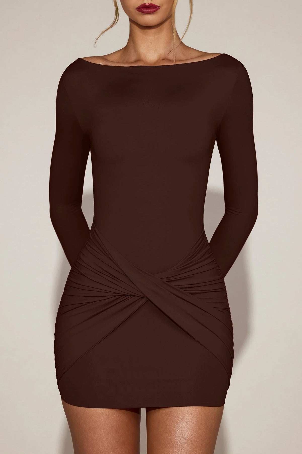 Soft-Jersey Boat-Neck Draped Mini Dress in Chocolate Brown