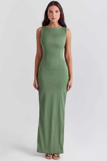 olive boat neck maxi dress