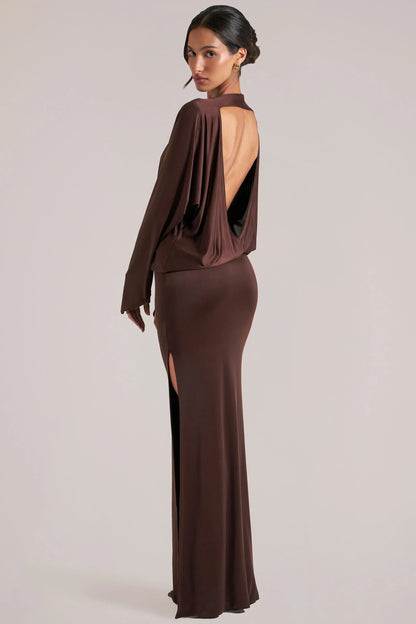 Long-Sleeve Draped Maxi Dress in Chocolate Brown