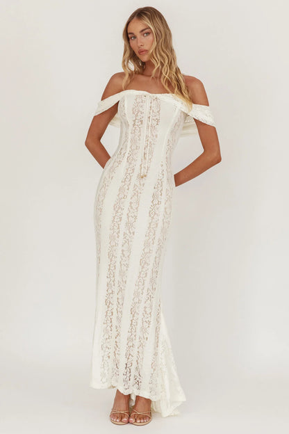 Enigma Off-Shoulder Maxi Dress Lace Cream
