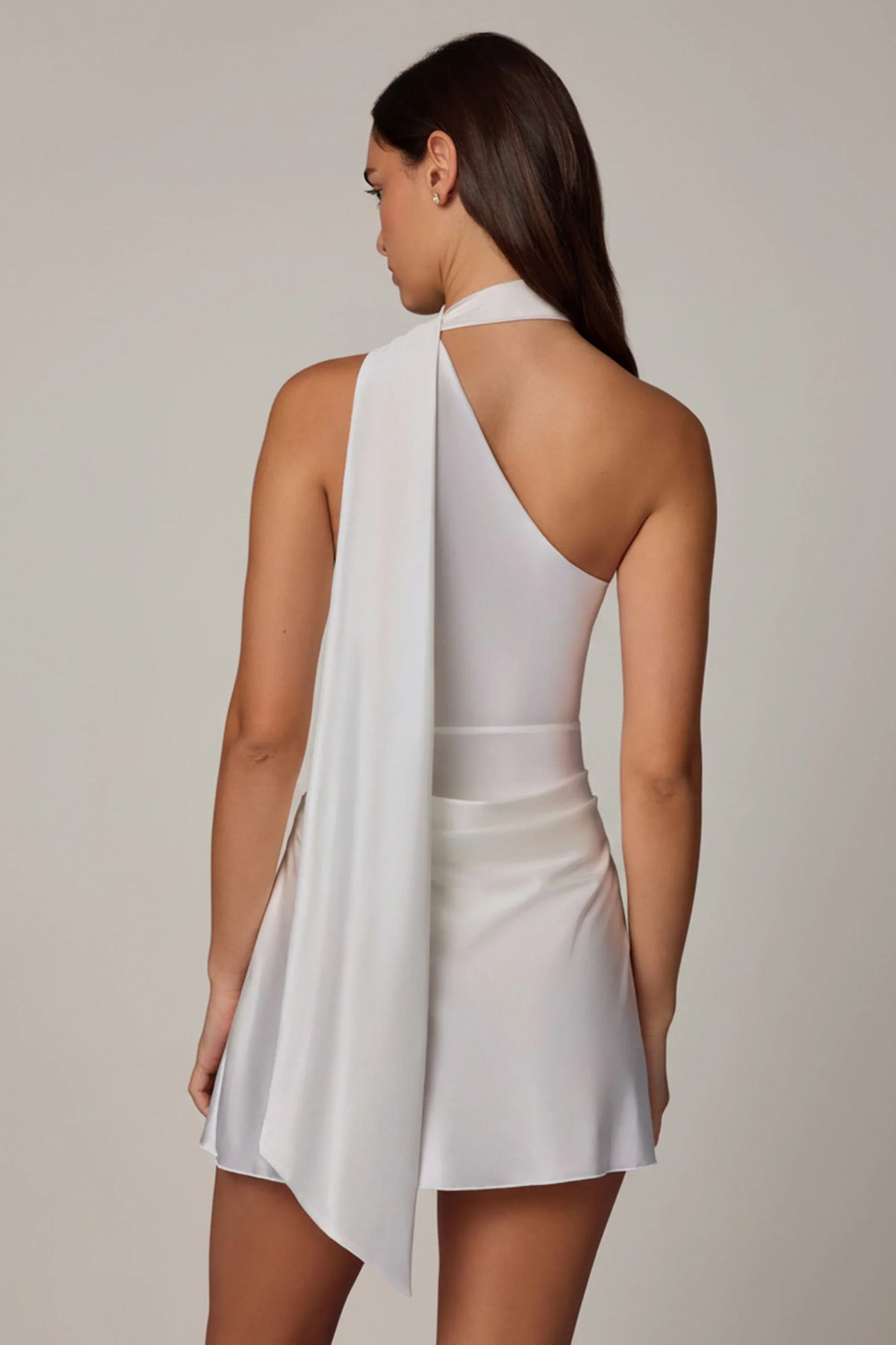 Asymmetric Scarf-Detail Mini Dress in White