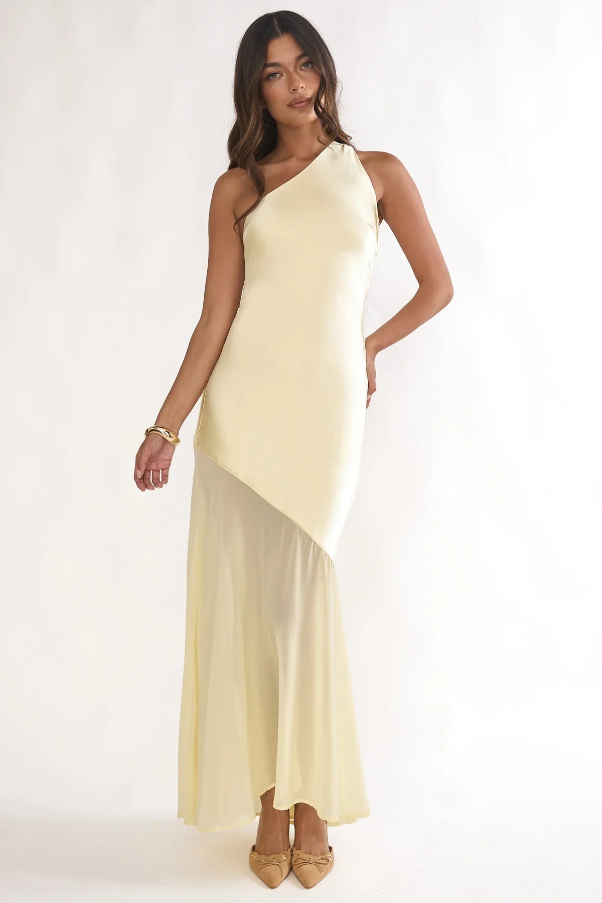 Mireya One-Shoulder Sheer Hem Maxi Dress Lemon