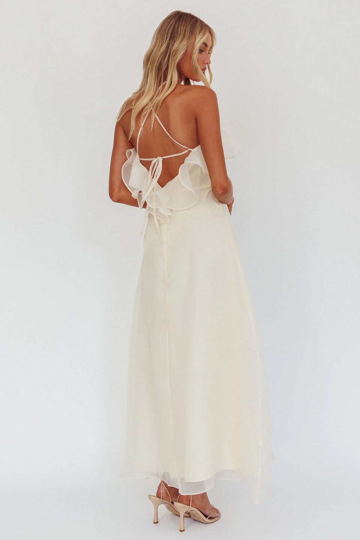 Cordially Invited Ruffle Neckline Rosette Maxi Vanilla