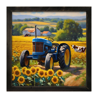 Blue tractor with cow