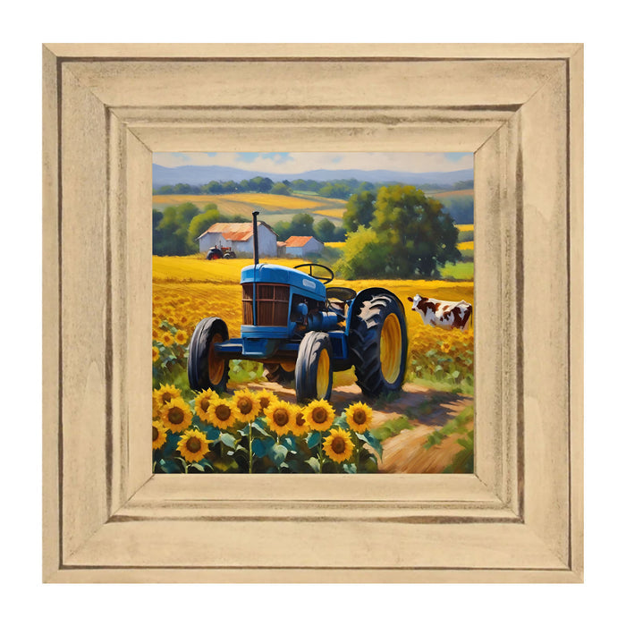 Blue tractor with cow