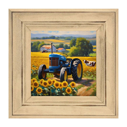 Blue tractor with cow