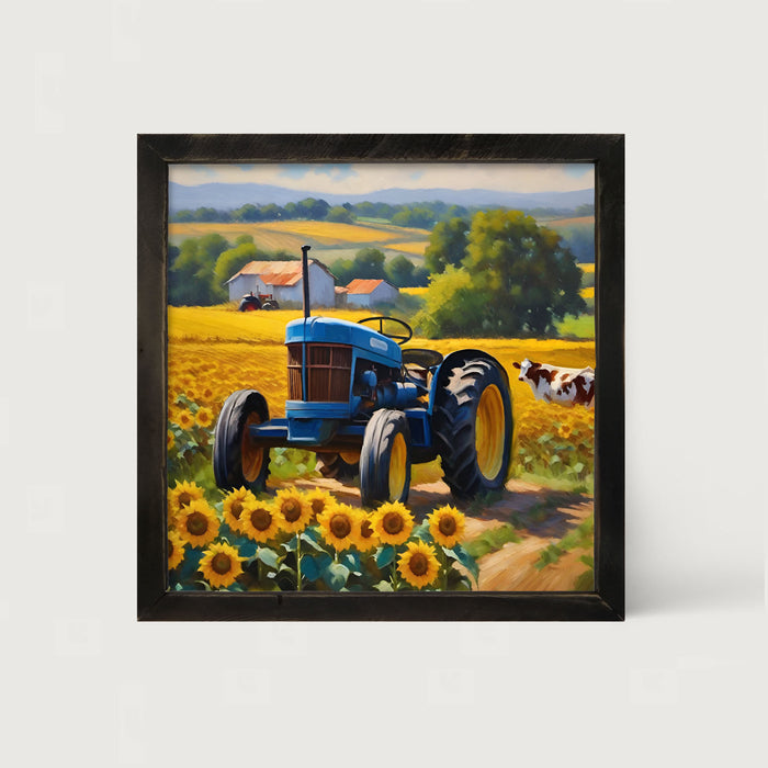 Blue tractor with cow