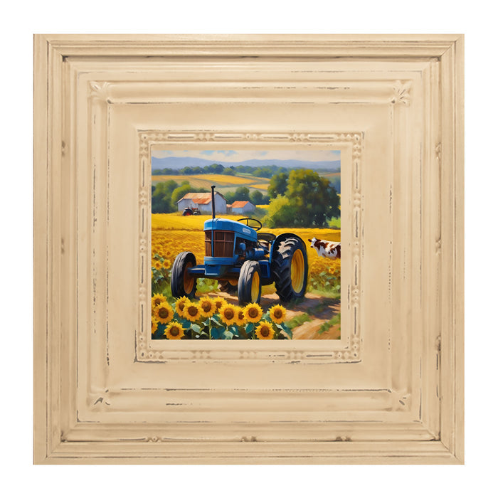 Blue tractor with cow