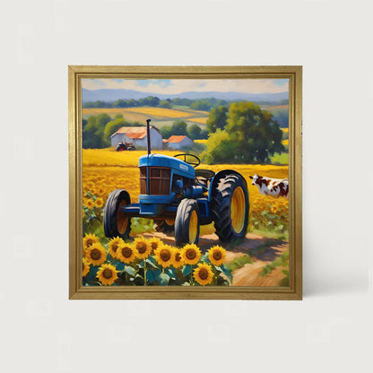 Blue tractor with cow