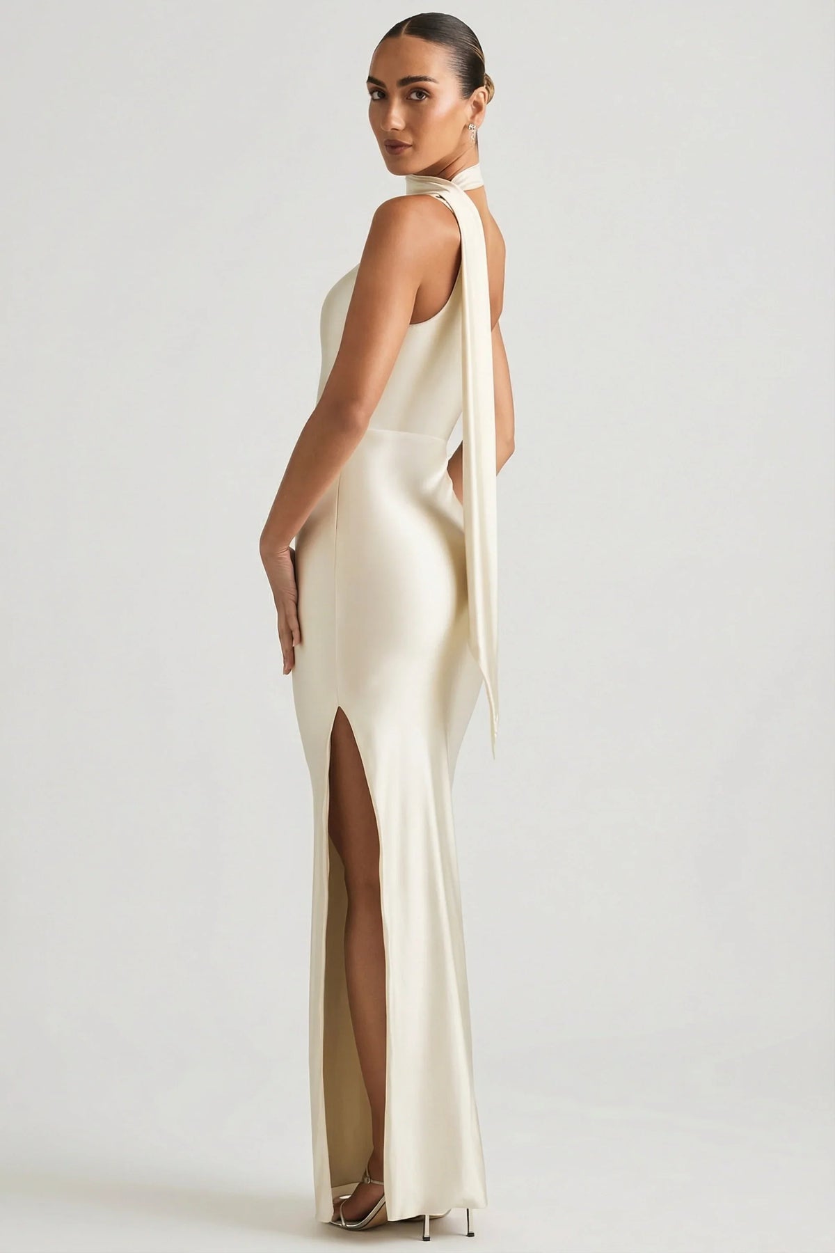 Asymmetric Scarf-Detail Maxi Dress in Ivory