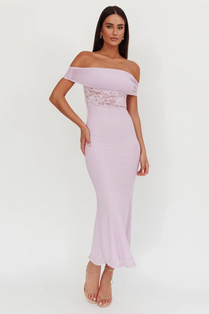 Flutters Off-Shoulder Lace Insert Maxi Dress Lilac