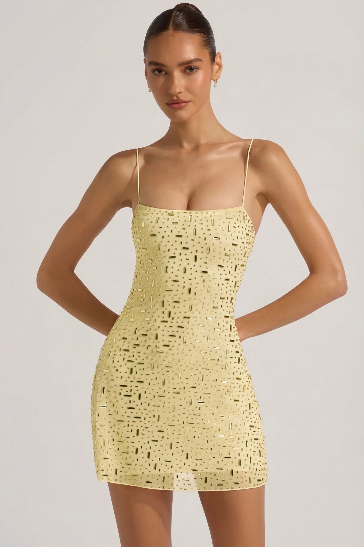 Sheer Embellished Square-Neck Mini Dress in Yellow