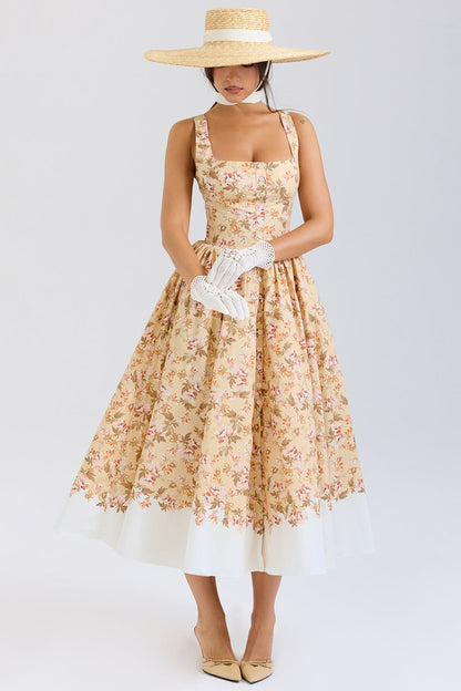 honeyflower print gathered cotton midi dress