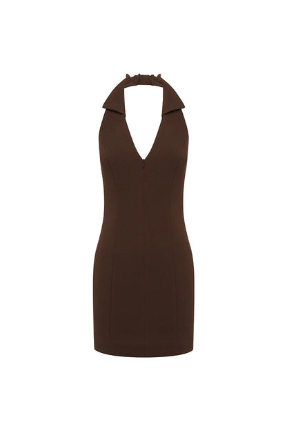 ARCHER COLLAR ZIP FRONT MINI DRESS - BITTER CHOCOLATE
