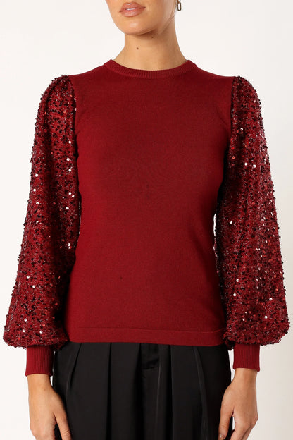 Rowan Sequin Sleeve Top - Burgundy