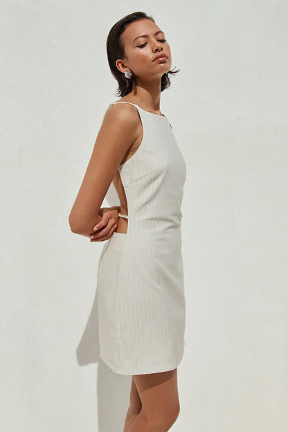 HEATHER MINI DRESS - STONE PINSTRIPE