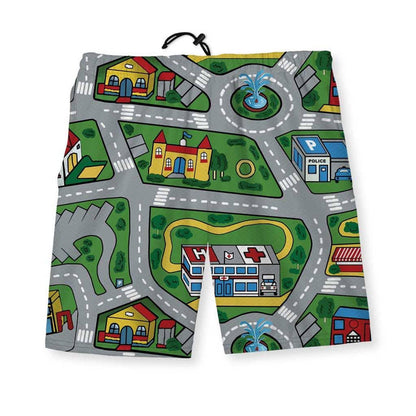 These men's gym shorts showcase a nostalgic bird's-eye view of a childhood traffic playmat—complete with winding gray roads, vibrant green lawns, and a miniature cityscape. Contact us with accessibility feedback, we'd love to help!