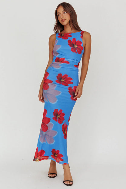 Helsi Low Back Maxi Dress Floral Blue