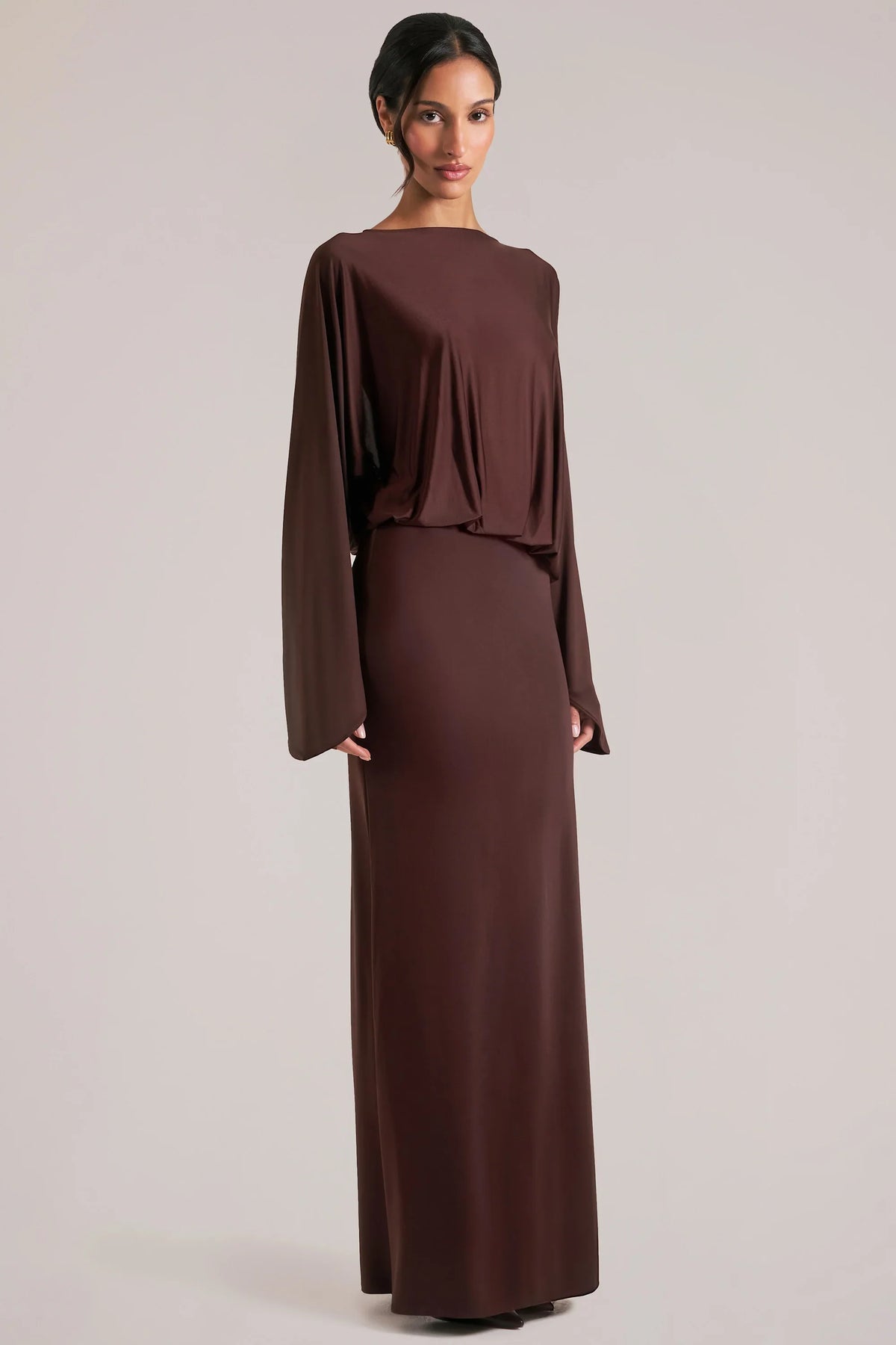 Long-Sleeve Draped Maxi Dress in Chocolate Brown
