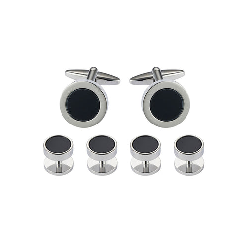 Cufflinks & Dress Studs: Round, Rhodium Plated + Black Inlay (201-21 + 405-21R, set 6)