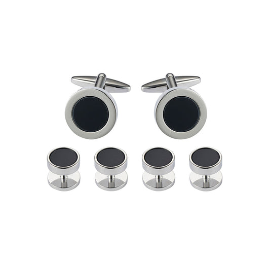 Cufflinks & Dress Studs: Round, Rhodium Plated + Black Inlay (201-21 + 405-21R, set 6)
