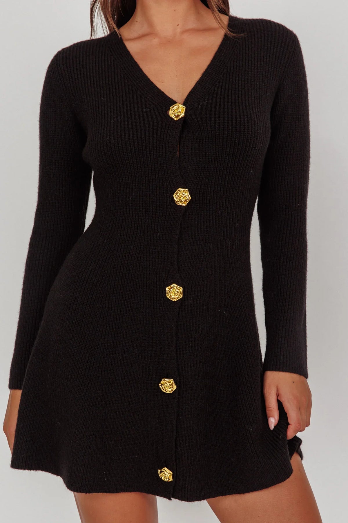 Irma Gold Button Knit Mini Dress Black